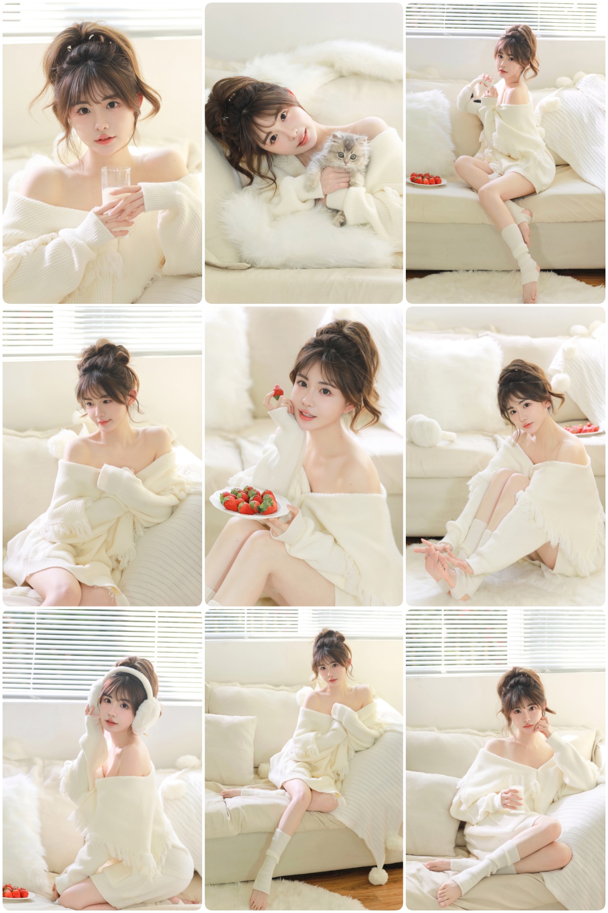 图片[1]-KH1031 冬日宅家日记：白色毛衣与猫咪的治愈系九宫格-窥幻映画