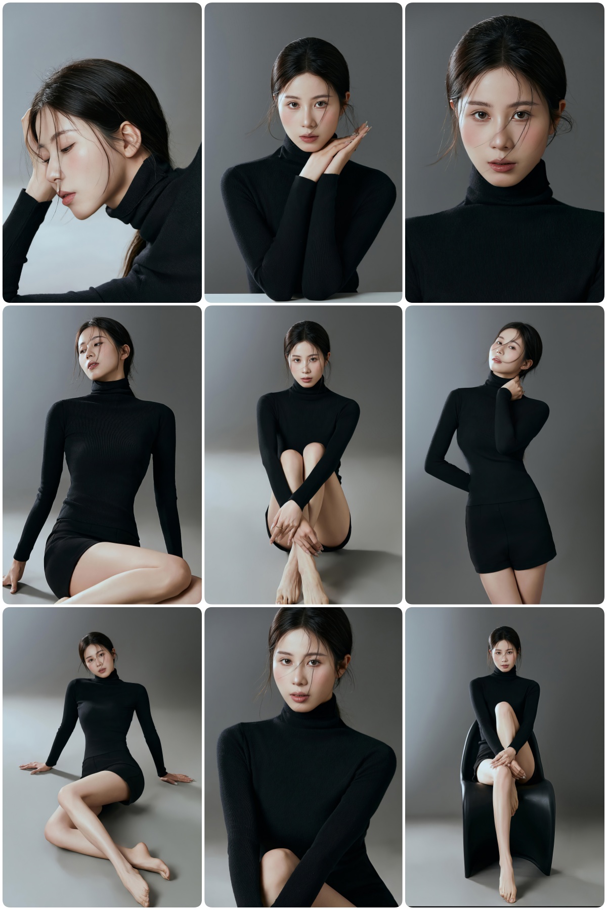 图片[1]-KH1042 黑白诗篇：高级感黑色系九宫格人像与极简光影-窥幻映画