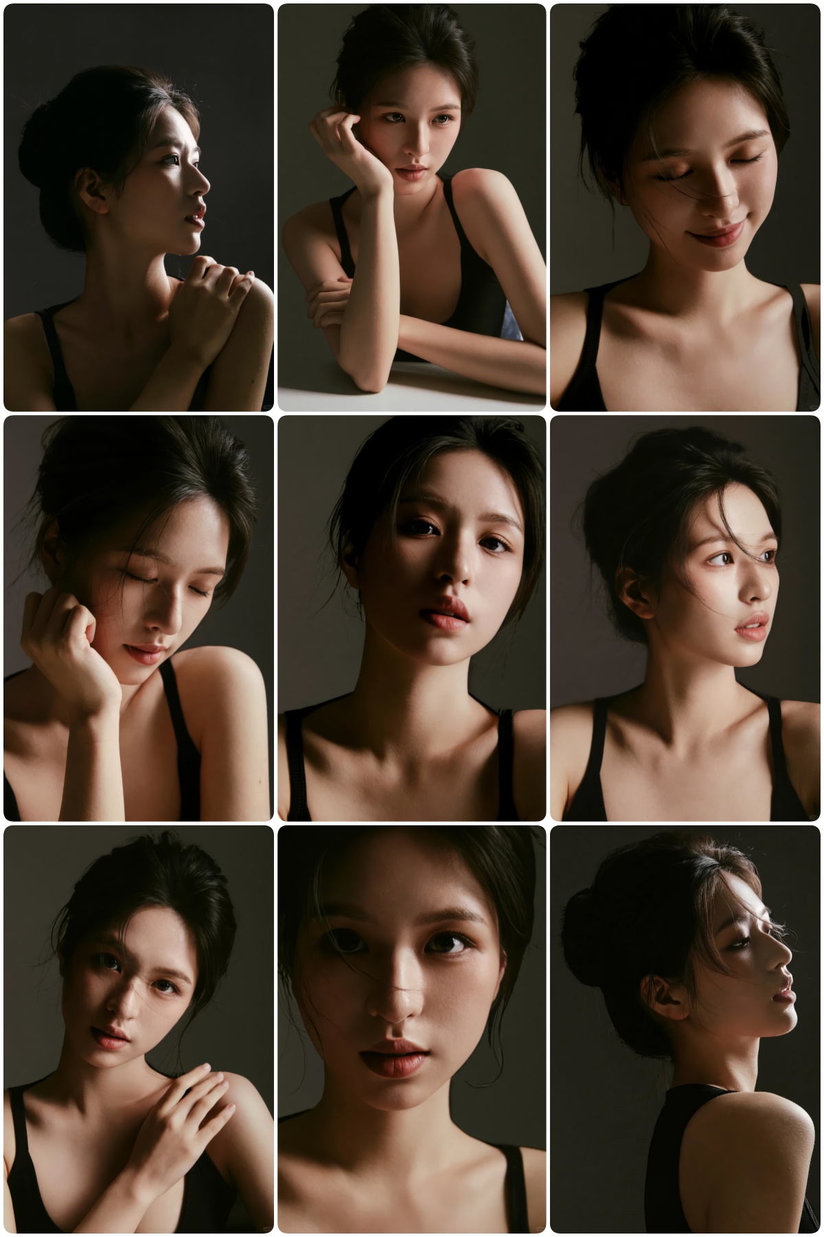 图片[1]-KH1044 暗调美学：黑色吊带九宫格情绪肖像的高级演绎-窥幻映画